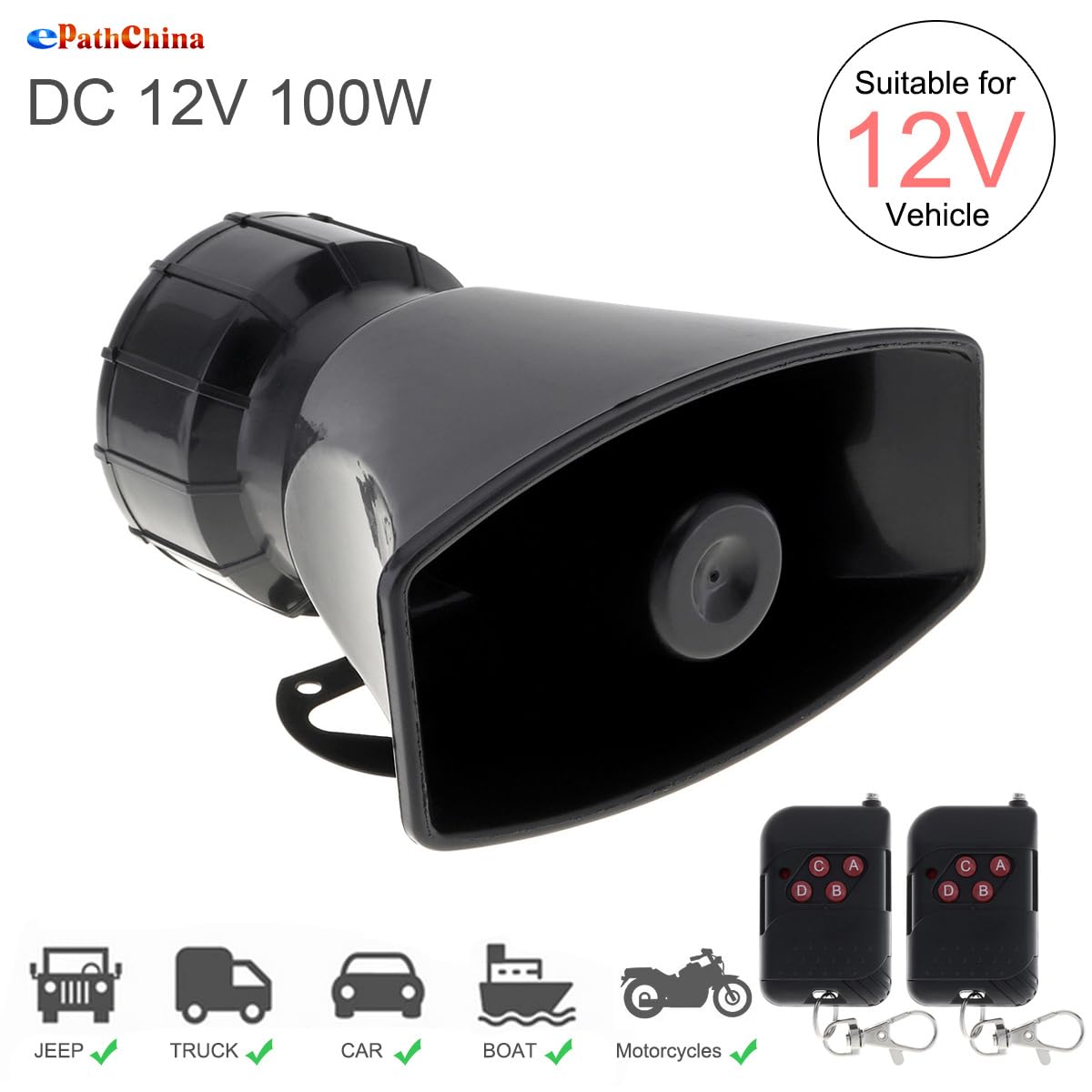 7 Tone Sound Loud Car Siren Vehicle Horn Hooter/Ambulance/Siren/Traffic Sound with Black Remote Controller 12V 100W (2PCS Remote Controller)