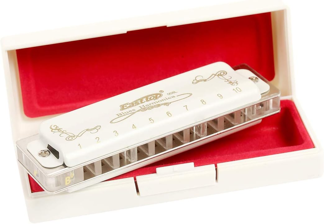 East topBlues Harmonica, 10 Holes 20 Tones Diatonic Blues Mouth Organ Harmonica Key of Bb with White Cover, T008L Harmonica for Adults, Professionals and Students