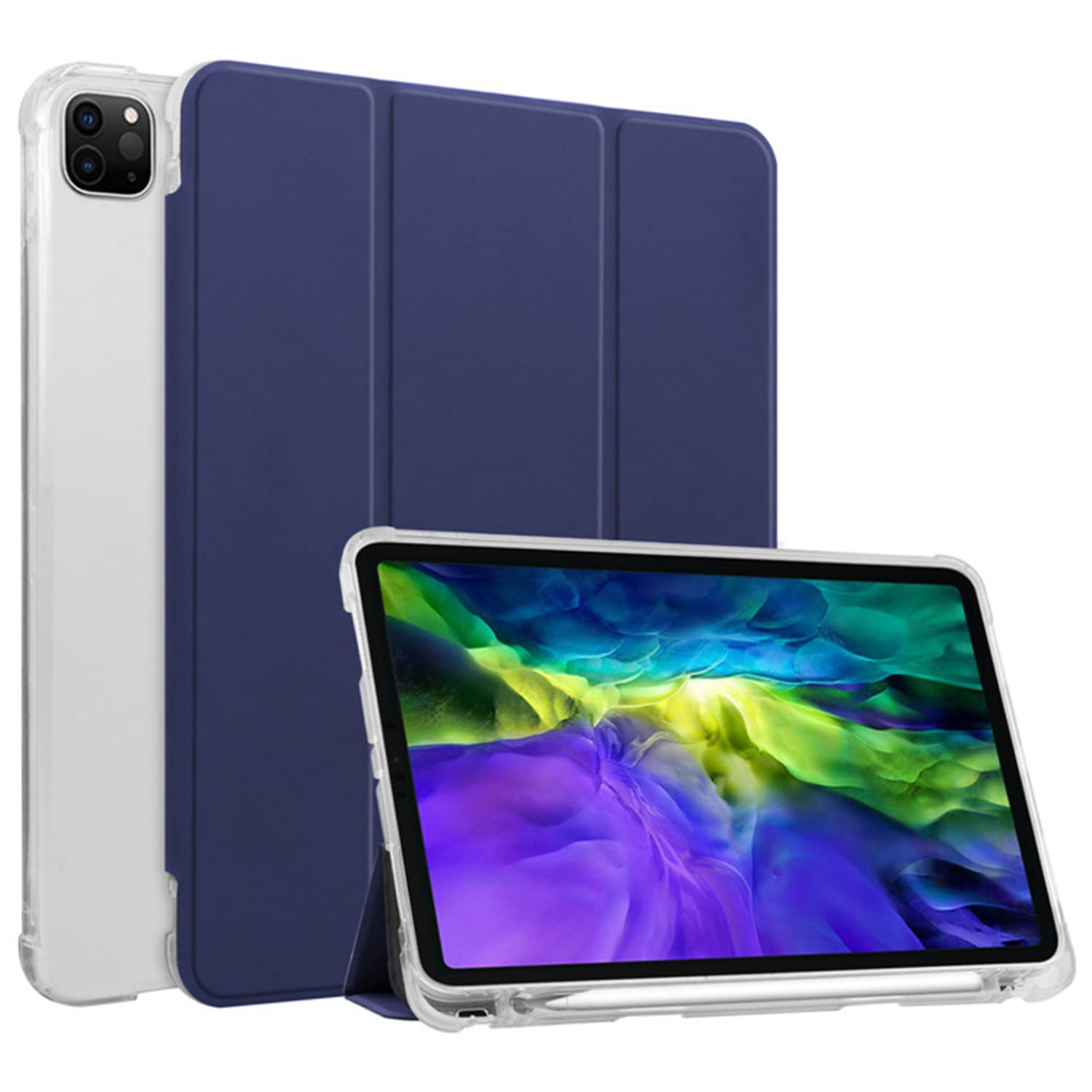HUEZOE Case Compatible with iPad Pro 11 Inch, 2021/2020/2018 Model, Soft TPU Transparent Back Cover, Folding Stand, Protective Case with Pen Holder, Car Sleep/Wake, Blue
