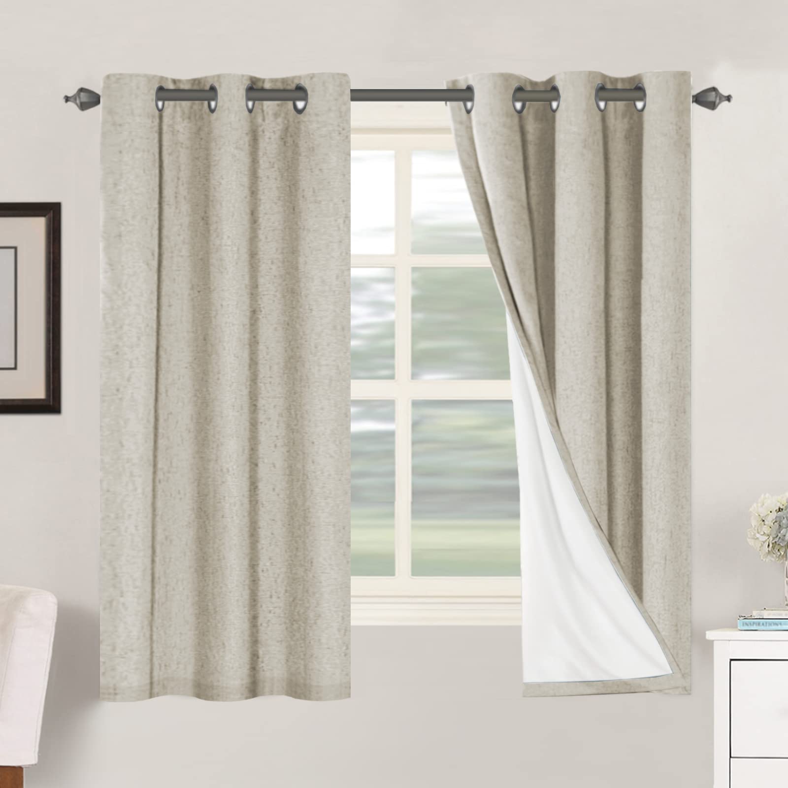 Photo 1 of H.VERSAILTEX 100% Blackout Curtains for Bedroom Thermal Insulated Linen Textured Curtains Heat and Full Light Blocking Drapes Living Room Curtains 2 Panel Sets, Cobblestone, 42x63 Inch
