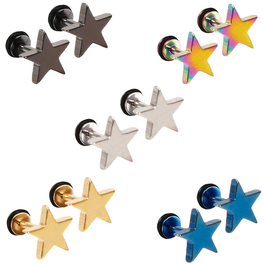 Epoch World 5 Pairs 8MM 316L Stainless Steel Pentagram Star Stud Earrings for Men Women Star Earrings Studs Gold Silver Black Small Titanium Earrings Set Piercing Hypoallergenic
