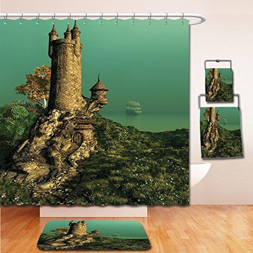 LiczHome Bath Suit: Showercurtain Bathrug Bathtowel Handtowel Medieval Decor Collection Tower of a Magician on a Hill with a Flower Meadow Greenery Fairytale Design Tapestry Green Ivory Teal