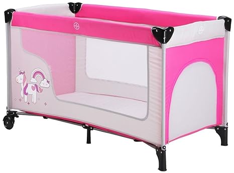 Fillikid Reisebett Einhorn pink/grau | Kinder Reisebett 120x60 cm | klappbar, mit Rollen, Matratze, Transporttasche | mit sei