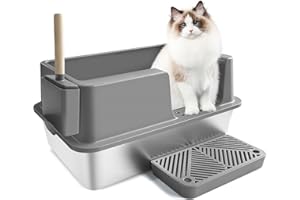 SOUSIA Stainless Steel Litter Box, Cat Litter Box Enclosure with Lid, High Side Large Cat Litter Tray for Big & Multiple Cats, Easy Cleaning Kitty Litter Box Anti-Leakage, Including Scoop - Dark Grey