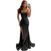 Eightale Glitter Satin Sequin Prom Dresses Long with Slit Sparkly Mermaid Strapless Formal Evening Party Gown
