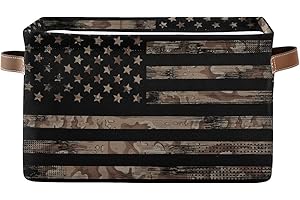 AUUXVA American Flag Camo Patriotic Storage Bins Basket, Vintage USA Flag Camouflage Collapsible Storage Cube Rectangle Storage Box with Handles for Shelf Closet Nursery Bedroom Home Office 1 Pack
