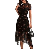 Floerns Women's Floral Mesh Short Sleeve Asymmetrical Hem Flared A Line Dress