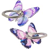 2 Pcs Butterfly Cell Phone Ring Stand Holder, Cute Butterfly Design Finger 360&deg; Rotating Metal Hand Phone Stand Holder, with Adjustable Knob Loop (Purple, Blue)