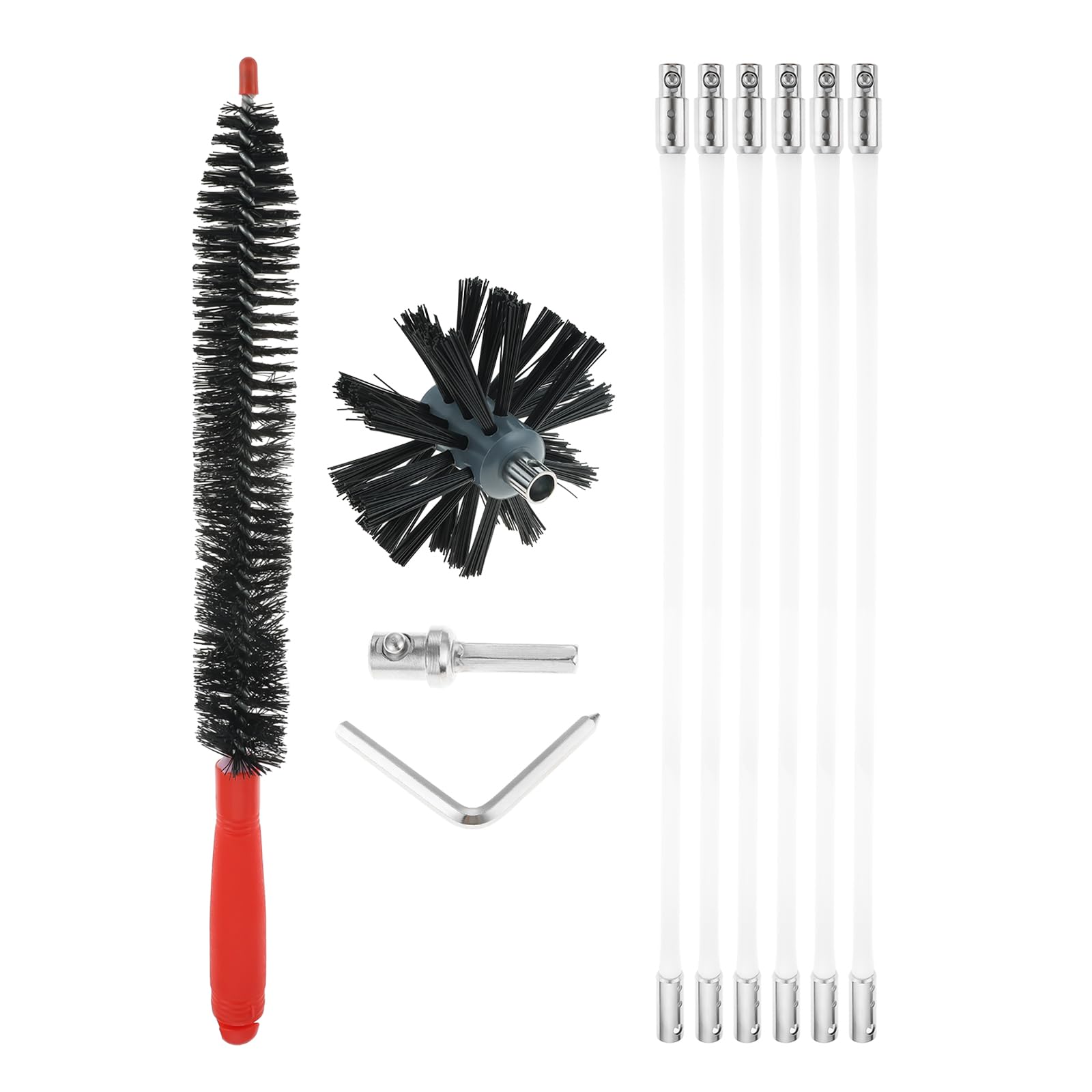 DRELD Chimney Brush Kit, Flexible Nylon Rod Brush Set with 1 Brush Head (4in/Dia.) and 6 Snap-Locking Rods (16in/Per), Home Cleaning Tools for Fireplace, Dryer Vent, Sewage Pipe, Fume Hood, Wood Stove