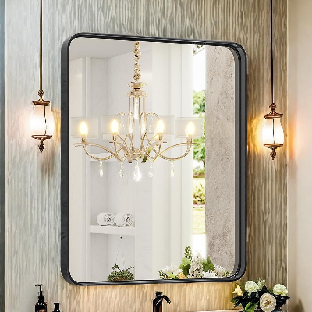Photo 1 of ***FINAL SALE*** Bathroom Vanity Mirrors for Over Sink, 36 X 24 Inch Black Framed Farmhouse Wall Mirror Bathroom Decor, Rectangle, Horizontally or Vertically Hanging, -Black