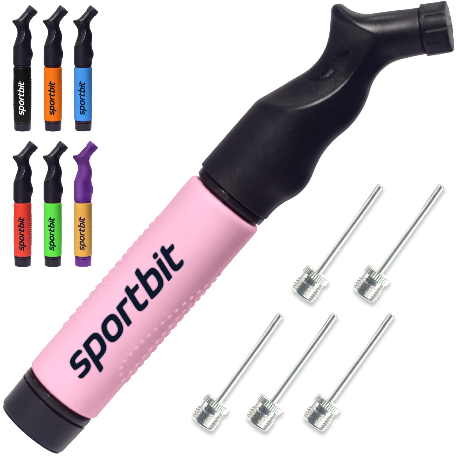 SPORTBIT Ball Pump with 5 Needles - Push & Pull Inflating System - Great for All Sports Balls - Football Ball Air Pump, Volleyball Pump, Basketball Inflator - Goes with Needles Set