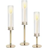 Gold Hurricane Candle Holders- 3 PCS Glass Fluted Candle Holder Set Taper Tall Ribbed Cylinder Candlestick Decorations for Table Centerpiece Wedding Valentine Party Birthday Home
