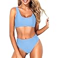 Tempt Me Women Two Piece Scoop Neck Bikini Crop Top Swimsuit Sporty High Waisted Bathing Suit