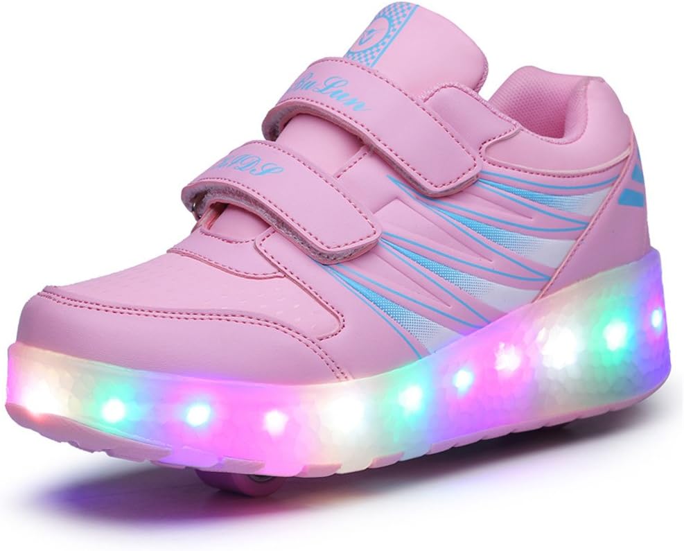 Unisex Kids Roller Skate Shoes with Double Wheels LED Flashing Luminous Retractable Technical Skateboarding Shoes Outdoor Sports Gymnastic Sneakers