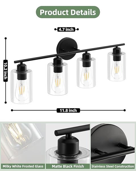 SEABLE 4-LIGHT BATHROOM LIGHT FIXTURES, MATTE BLACK VANITY LIGHTS FOR BATHROOM