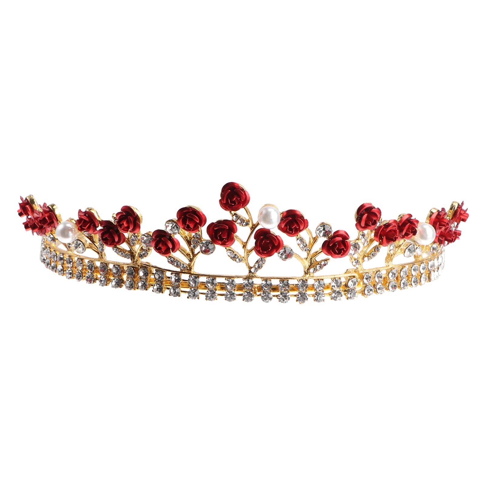 Lurrose Wedding Crown Red Rose Tiaras Retro Baroque Pearl Rhinestone Crown for Bride Women Girls