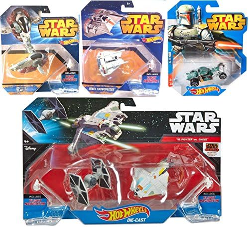 Hot Wheels StarShip Star Wars Spaceship Car Set - Tie Fighter &amp; Ghost Slave I + Boba Fett Car Rebel Snowspeeder 4 ships