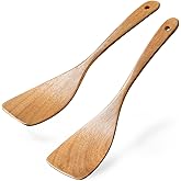 Hefild 2Pcs Curved Wooden Spatula for Cooking, 12.5inch Wood Turner for Frying, Non-Scratch Wood Flat Spurtle for Pan & Wok, Acacia Wooden Cooking Utensils for Non Stick Cookware, Long Handle Scraper