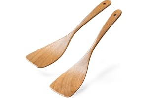 Hefild 2pcs Curved Wooden Spatula for Cooking, 12.5inch Wood Turner for Frying, Non-Scratch Wood Flat Spurtle for Pan & Wok, 
