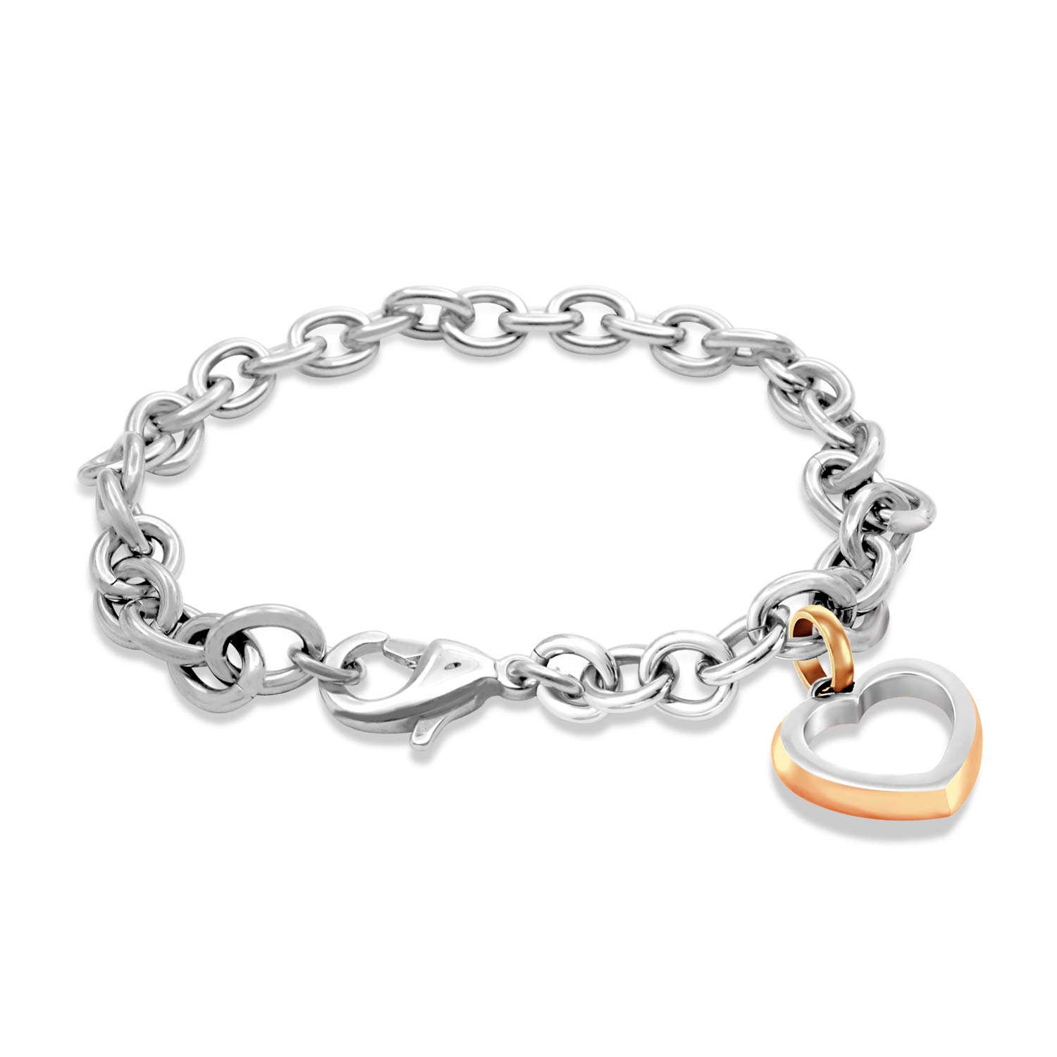 555Jewelry Womens Stainless Steel Cute Love Heart Shape Charm Thick Chain Link Adjustable Delicate Gift Romantic Pendant Fashion Accessory Jewelry Bangle Bracelet, Silver & Pink Rose Gold