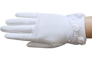 ZAZA BRIDAL Dull matte satin girl's gloves w/faux pearl & rose accents sheer organza cuff/White