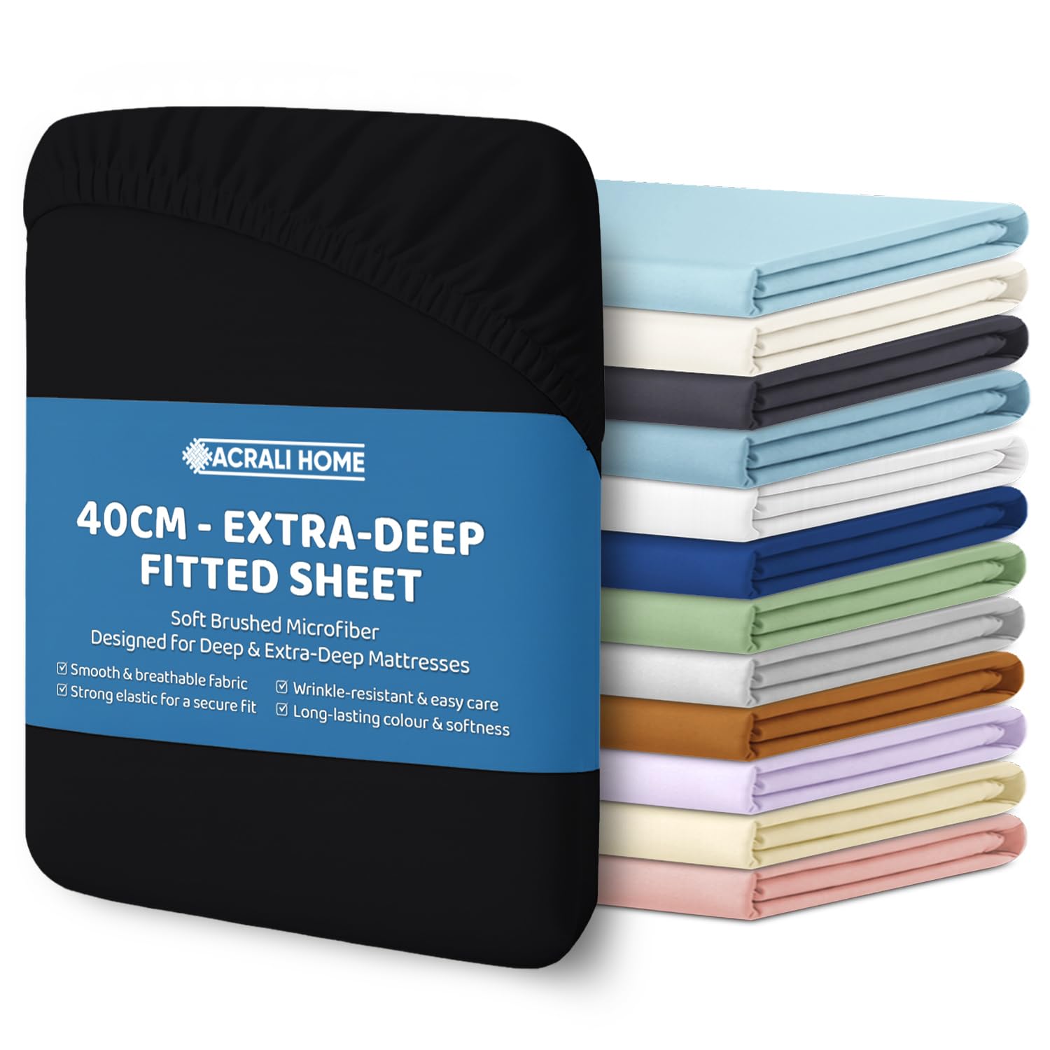 ACRALI HOME Microfiber Super King Fitted Sheet 40cm Extra Deep Fit Pocket - Breathable, Soft & Easy Care, Black Bed Sheet - Wrinkle Free & Fade Resistant (200 x 180cm)