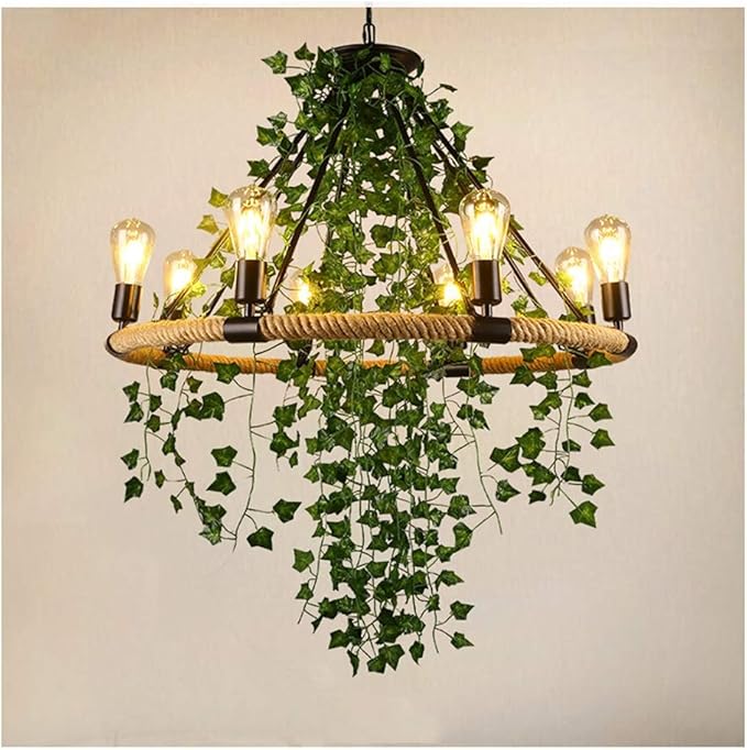 Cuerda de cáñamo Lámparas de araña rural Estilo Hojas verdes Lámpara
