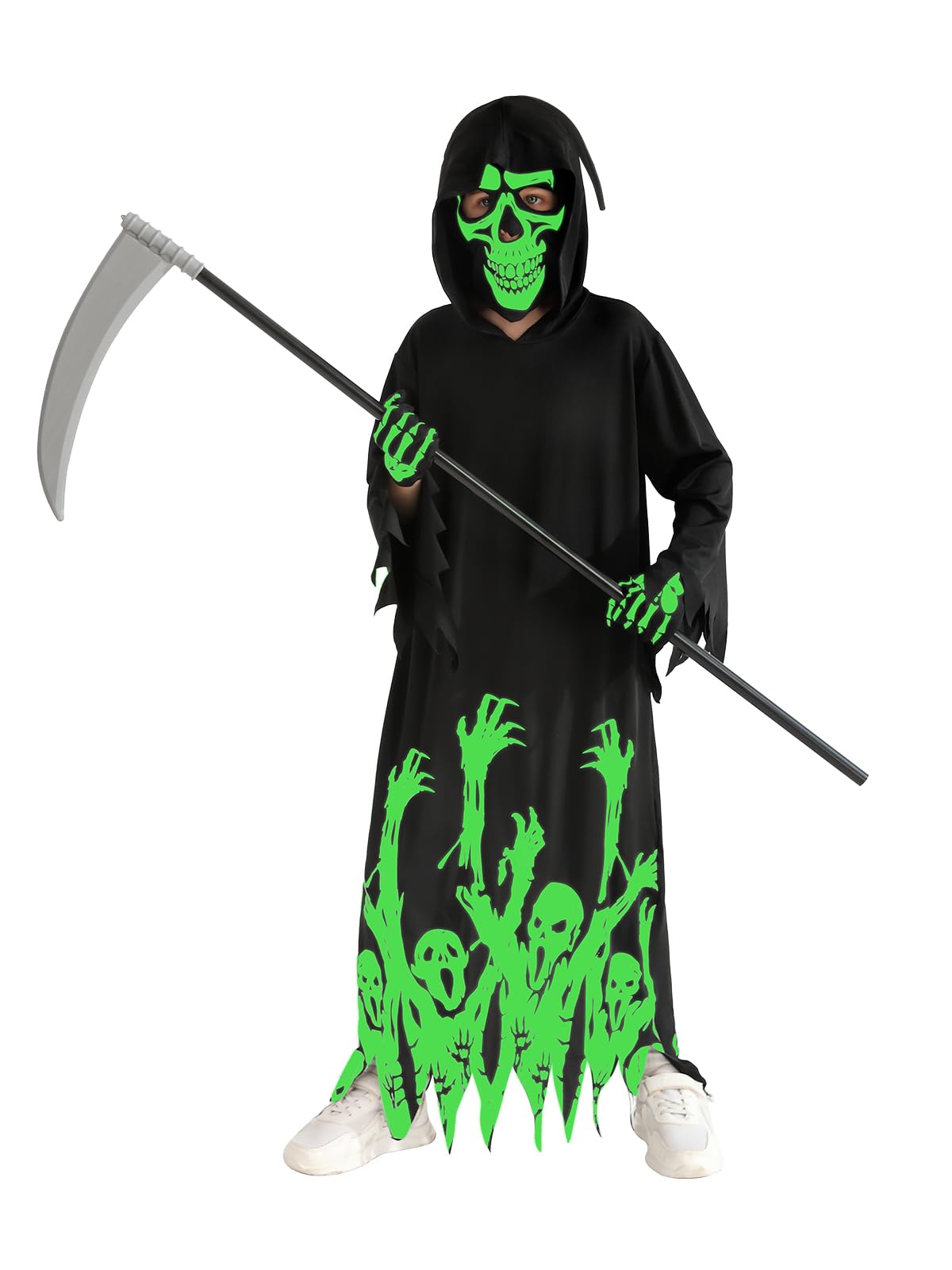 Glow In The Dark Grim Reaper Costume Kids Boys Girls Halloween Scary Ghost Death Costume with Scythe/Mask/Gloves,Fancy Dress for Kids 4t 5t 6-8 8-10 10-12 12-14 Years