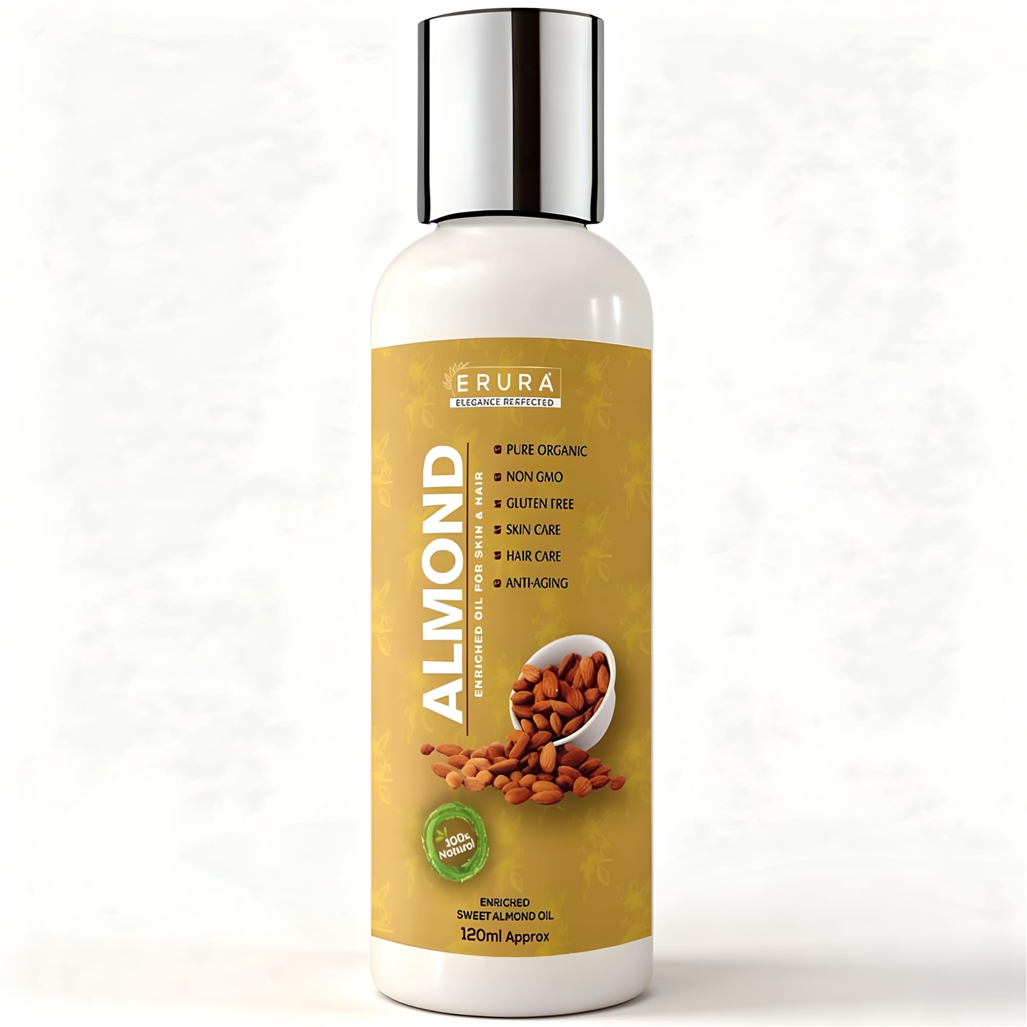 ERURÁ Enriched Almond Oil for Skin & Hair – Sweet Almond Oil, 100% Natural, Non‑GMO, Gluten‑Free, Lightweight Moisturizer & Massage/Carrier Oil, 120ml