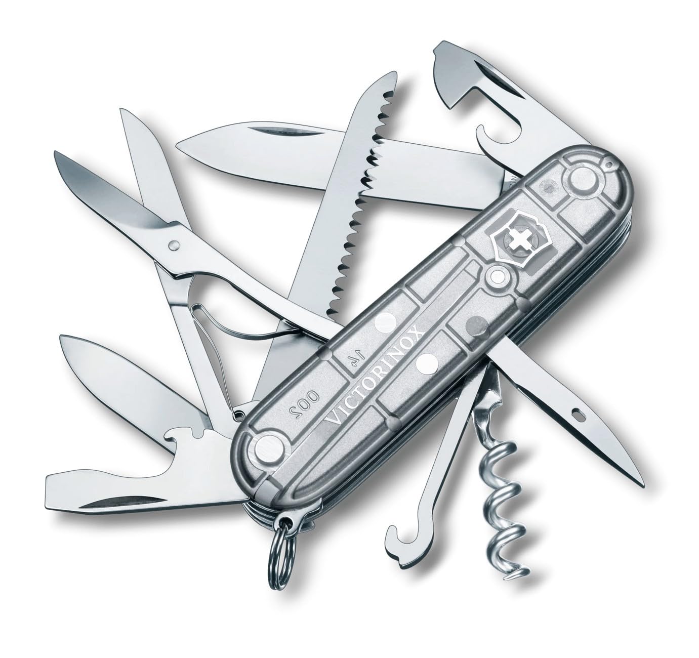 Victorinox Schweizer Taschenmesser Huntsman, Multitool, Swiss Army Knife mit 15 Funktionen, Klinge, Korkenzieher, Dosenöffner, Silber Transparent