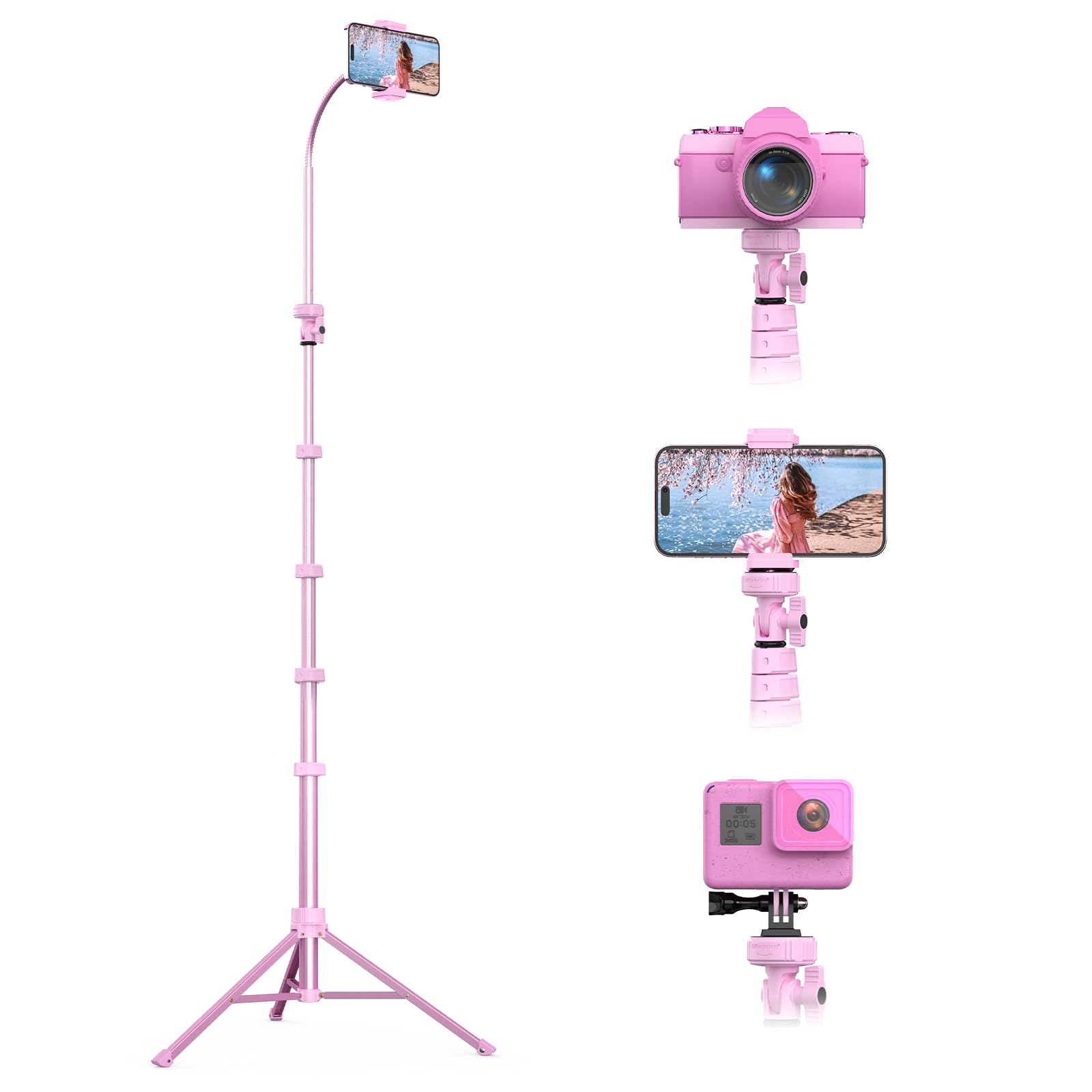 Photo 1 of UBeesize 88’’ Flexible Phone Tripod with 14.95’’ Gooseneck, Remote and Phone Holder, Overhead Cell Phone Stand?Selfie Stick for Video Recording, Compatible with iPhone Android Phone, Camera Pink