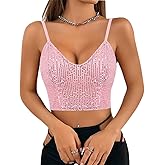 Naimo Women's Sparkle Sequin Crop Top Sleeveless V Neck Spaghetti Strap Tank Tops Vest Party Rave Shimmer Camisole