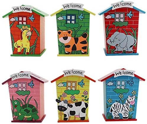 JEF Piggy Bank Wood House Animal Designs - (Pack of 6) Return Gift