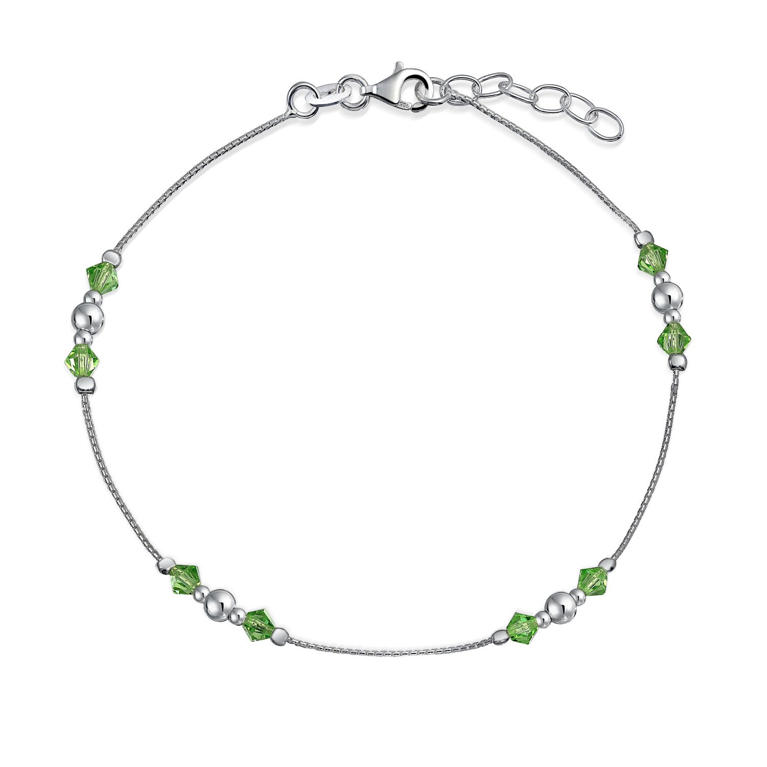 Bling Jewelry Lime Green Crystal Bead Anklet Ankle Bracelet For Women Teens .925 Sterling Silver Adjustable 9 To 10 Inch
