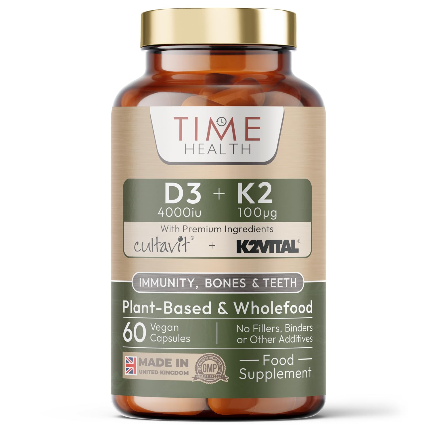 Vitamin D3 + K2 – 4000IU + 100UG – Whole Food & Plant-Derived – CULTAVIT® D3 (Cholecalciferol) – K2VITAL® K2 MK-7 - UK Made Supplement - Zero Additives (60 Capsules)