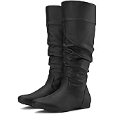 Rollda SUEDI Women's Slouchy Knee High Boots Pull On Flat Boots Side Zipper Fall Boots for Women