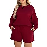 Nemidor Plus Size Fall Sweatsuit for Women Spring Matching Lounge Sets Casual Long Sleeve Top and Shorts Outfits 2 Piece