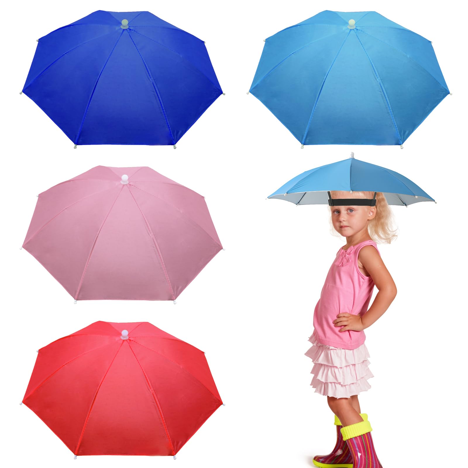 Photo 1 of *MINOR DAMAGE - USED*
MUFEKUM 4 Pack 20.5" Hands-Free Head Umbrella Hats for Kids, Multicolor Folding Waterproof Umbrella Cap With Head Strap for Outdoor Party, Fishing, Sun, Rain, Snowy, Beach, Hiking