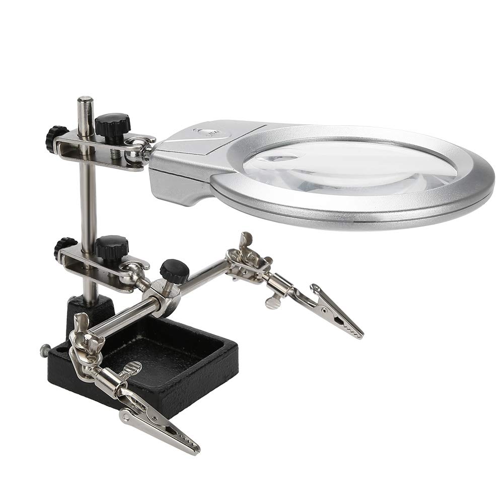 LED Light Magnifier, Steel Magnifier 5X Magnifying Glass, Desk Lamp Helping Hand Repair Clamp Dual Alligator Auxiliary Clip Stand Desktop Magnifying Glasses for Antique Jewelry Hobby Observation