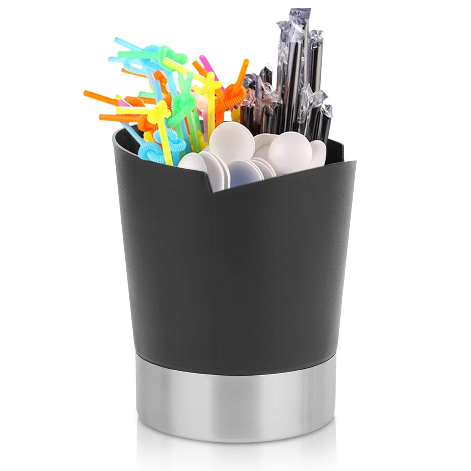 Agatige Straw Holder for Countertop, Stainless Steel Drinking Straw Holder Dispenser Forks Spoon Utensil Holder Caddy Organizer for Bar Milk Tea Shop(Black)