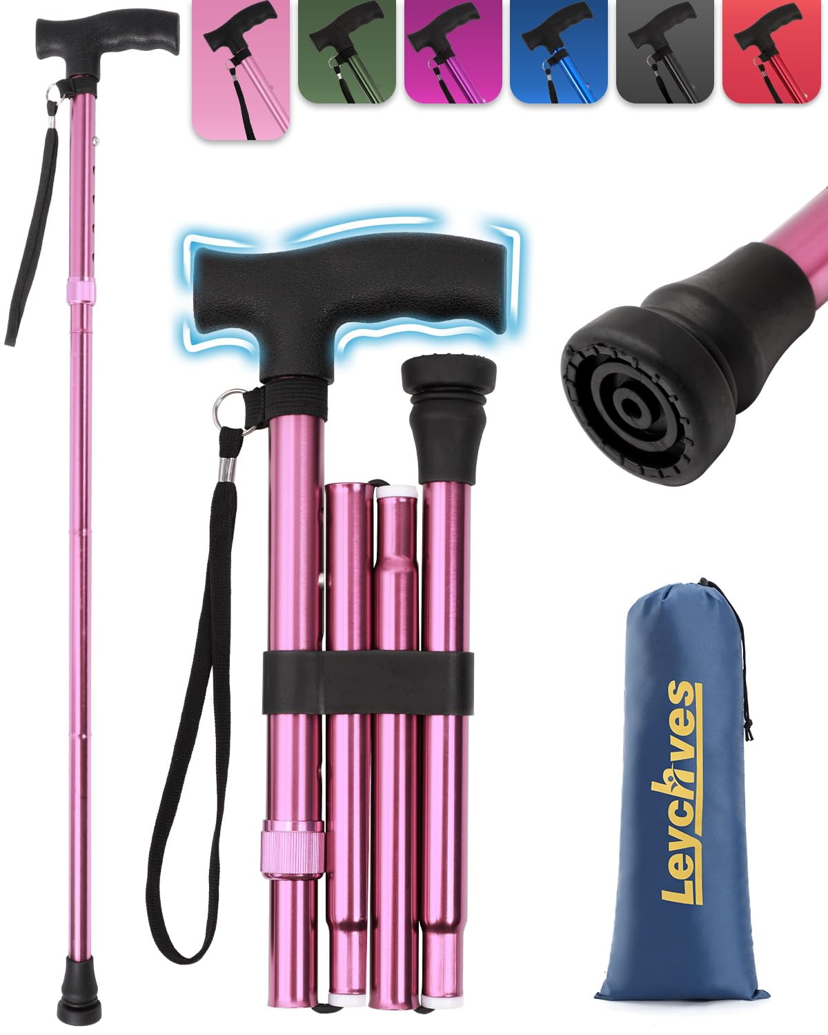 Walking Stick for Women, Adjustable Folding Walking Sticks for 5.2FT-6.1FT Ladies, 5-Section Different Size Collapsible Cane for Elderly