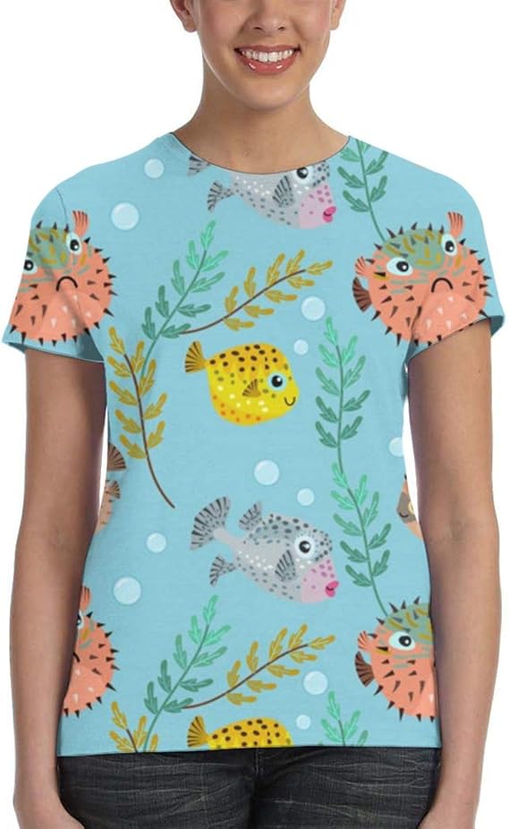 Amazon Co Jp かわいいフグ Tシャツレディース 半袖プリント 夏 カジュアルファッション 人気 クルーネック ゆったりとしたスポーツの快適性 ユニセックス 服 ファッション小物