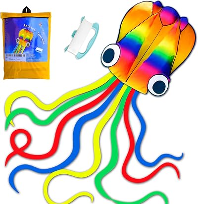 HONBO Huge Rainbow Soft Octopus Kite with 200ft Line Easy to Fly
