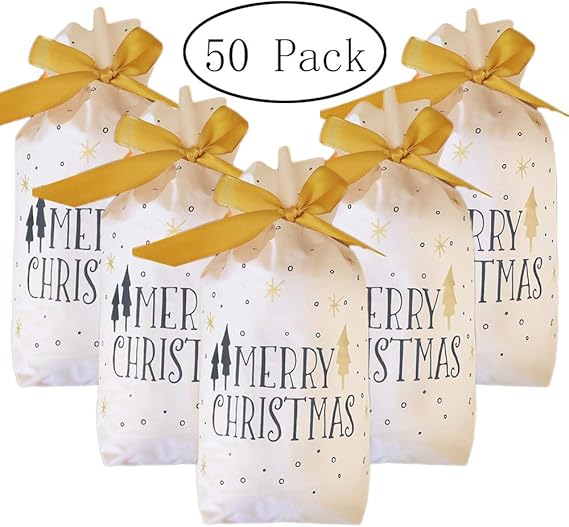 50 Pcs Christmas Treat Bags Christmas Plastic Drawstring