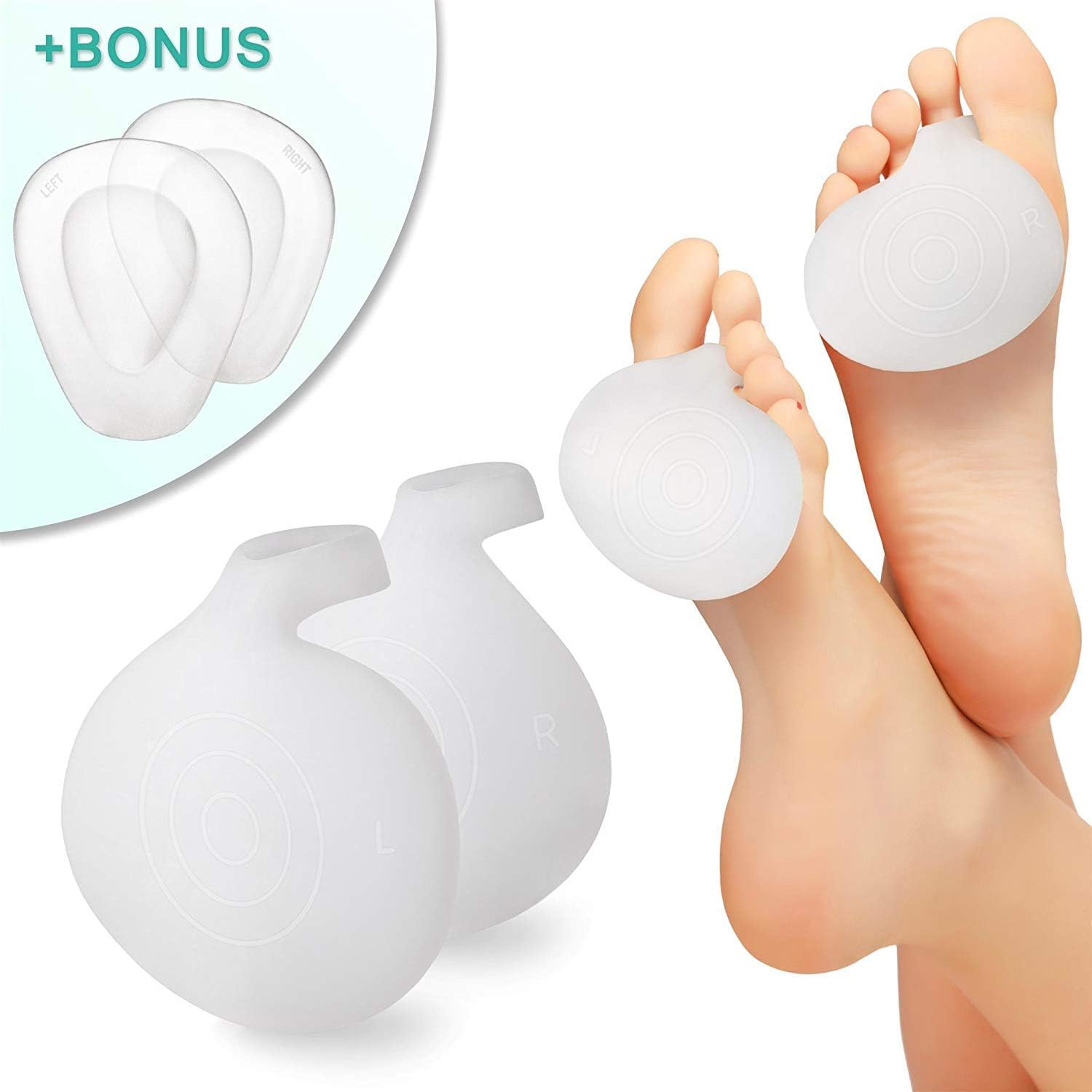 Metatarsal Pads Ball of Foot Cushions - Soft Foot Care for Mortons Neuroma Metatarsalgia Prevent Calluses - All Day Pain Relief Shoe Inserts Metatarsal Pads for Women & Men (White & Clear)