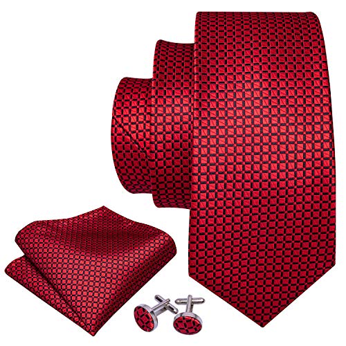 YOHOWA Men Red Ties Solid Silk Tie and Pocket Square Cufflinks Set for Wedding Party Tuxedo