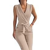Women's Elegant Jumpsuits V Neck Sleeveless Straight Belted Long Pants Business Suits Set with Pockets