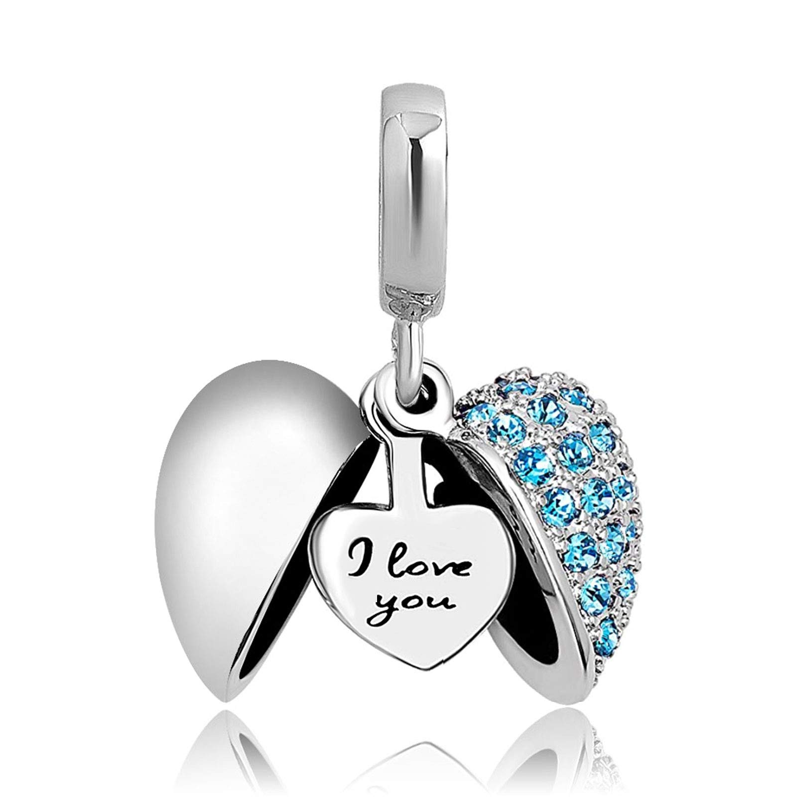 KunBead Jewelry Mum Mother Daughter Son Heart I Love You Blue Crystal March Birthstone Charms for Women Girls
