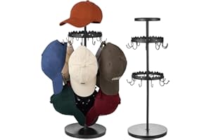 BeeOwner Rotating Hat Organizer for Baseball Caps, 3-Tier Merchandise Display & Tabletop Hat Organizer with Tray Holds 40+ Ca