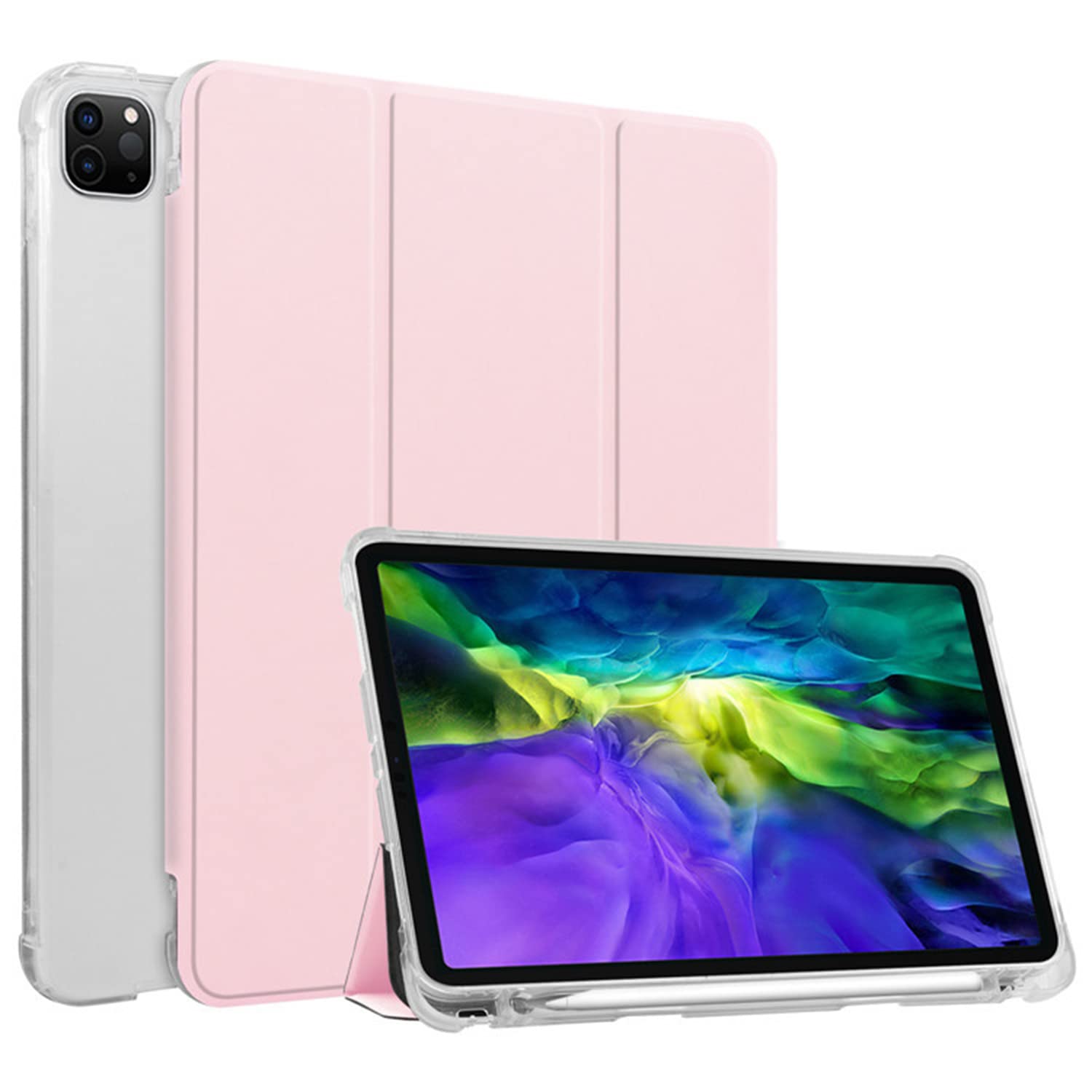 HUEZOE Case Compatible with iPad Pro 11 Inch, 2021/2020/2018 Model, Soft TPU Transparent Back Cover, Folding Stand Protective Case with Pen Holder, Auto Sleep/Wake, Pink